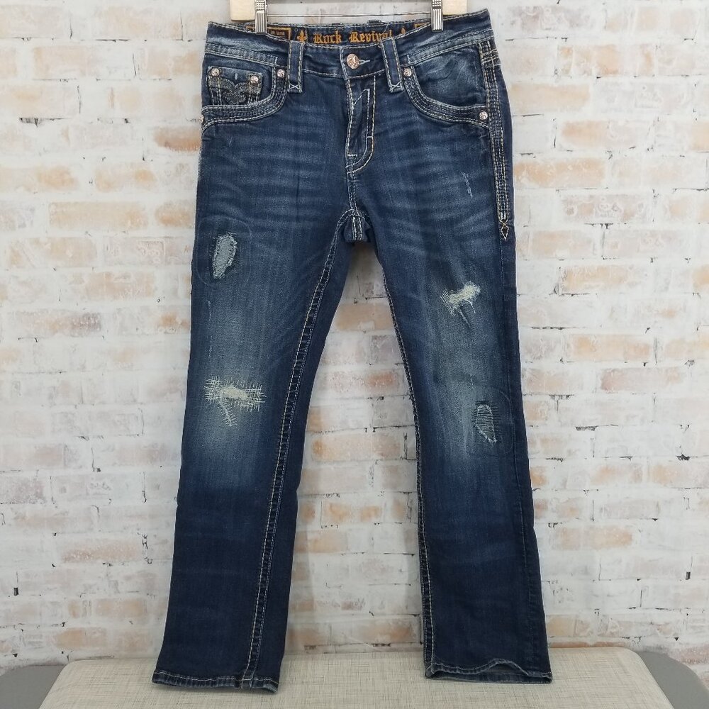 Rock Revival Callix Straight Leg Destroyed Denim Jeans‎ Mens 32x33 Designer Read